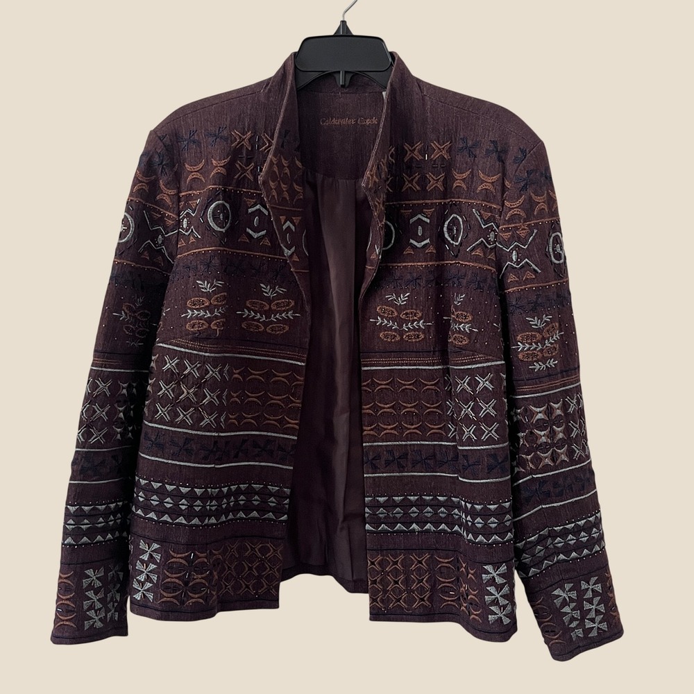 Coldwater Creek Jacket Embroidered Beaded Open Front Women 16 Brown Southwestern